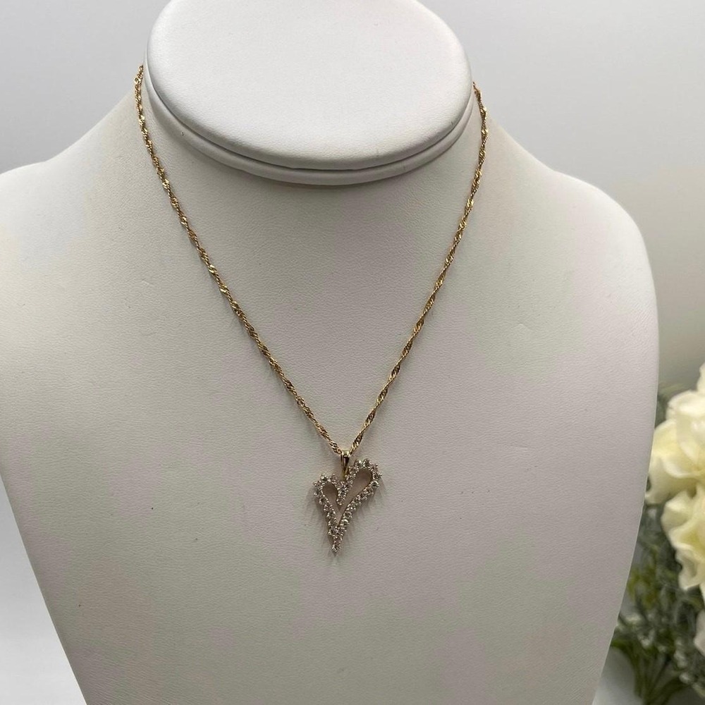 Yellow Gold 14kt Cubic Zirconia Heart Pendant 10k Singapore Chain Necklace *14"‎